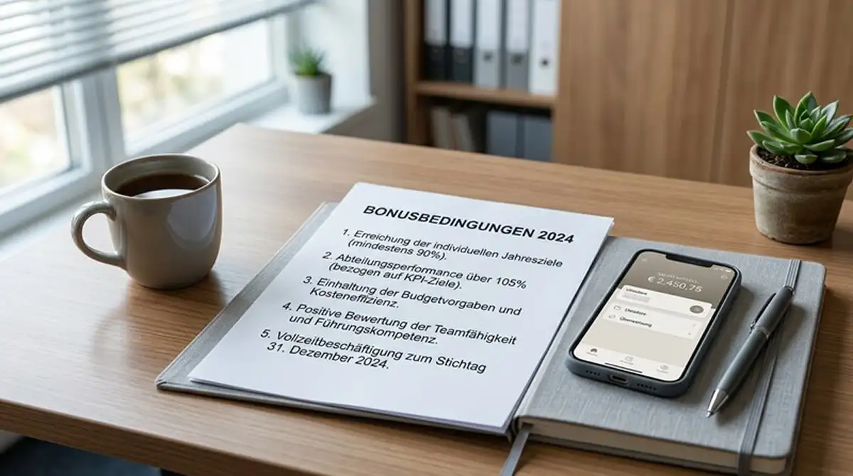 Schreibtisch mit Bonusbedingungen-Dokument und Smartphone