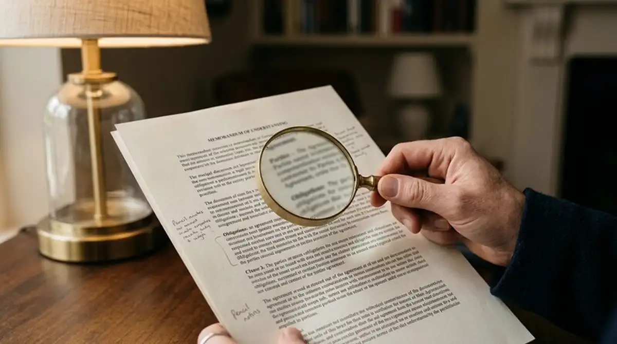 Lupe über einem ausgedruckten Dokument mit Textabsätzen unter einer Schreibtischlampe