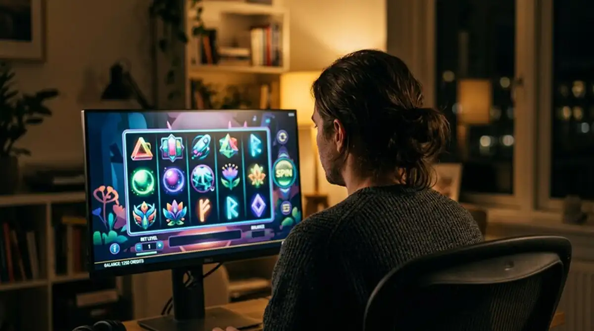 Slot-Walzen mit Symbolen auf einem Bildschirm ohne erkennbares Branding