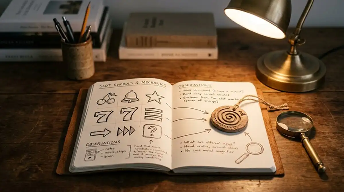 Aufgeschlagenes Notizbuch mit handgezeichneten Slot-Symbolen unter einer Schreibtischlampe