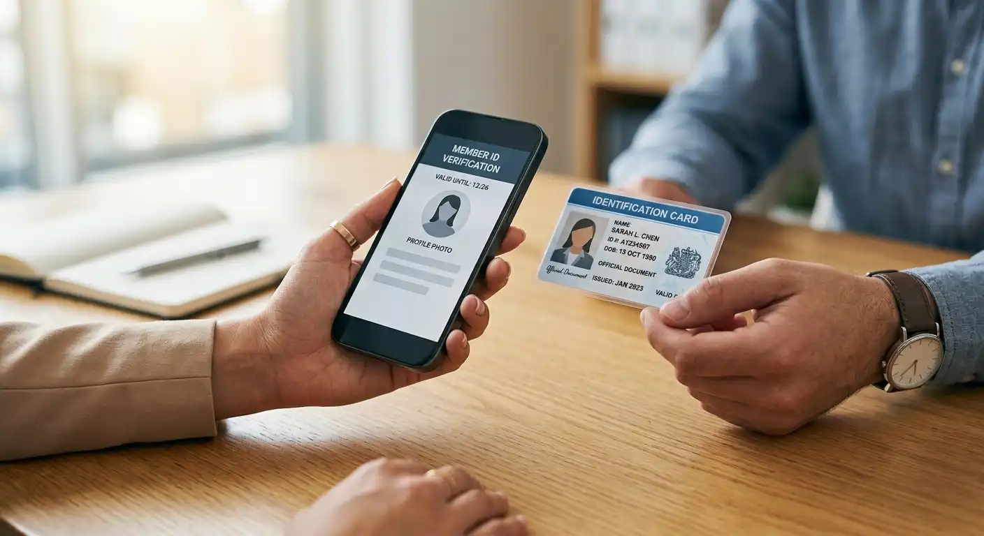 Hände mit Smartphone und Ausweis auf einem Tisch bei neutraler Beleuchtung