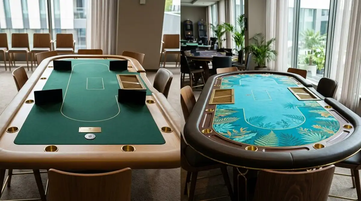 Zwei Spieltische nebeneinander, einer mit deutscher Whitelist-Markierung, der andere mit Curaçao-Symbolik, beide ohne erkennbares Branding