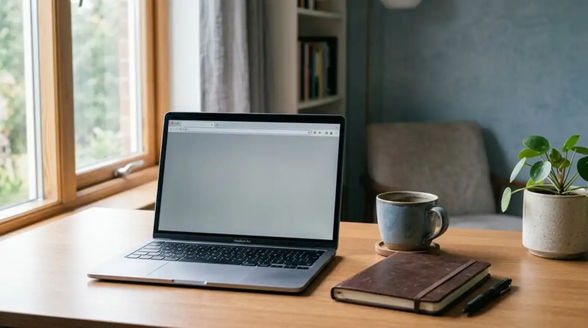 Laptop und Notizbuch auf einem ruhigen Schreibtisch, geöffnete Browser-Tabs zu GGL-Whitelist und Spielothek-Vergleich