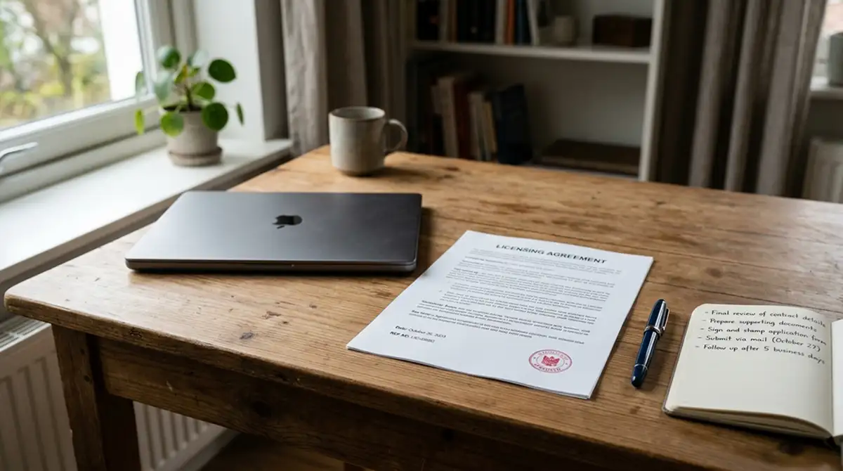 Schreibtisch mit Notebook und einem Ausdruck der GGL-Whitelist, dazu ein Notizbuch mit handschriftlichen Stichpunkten