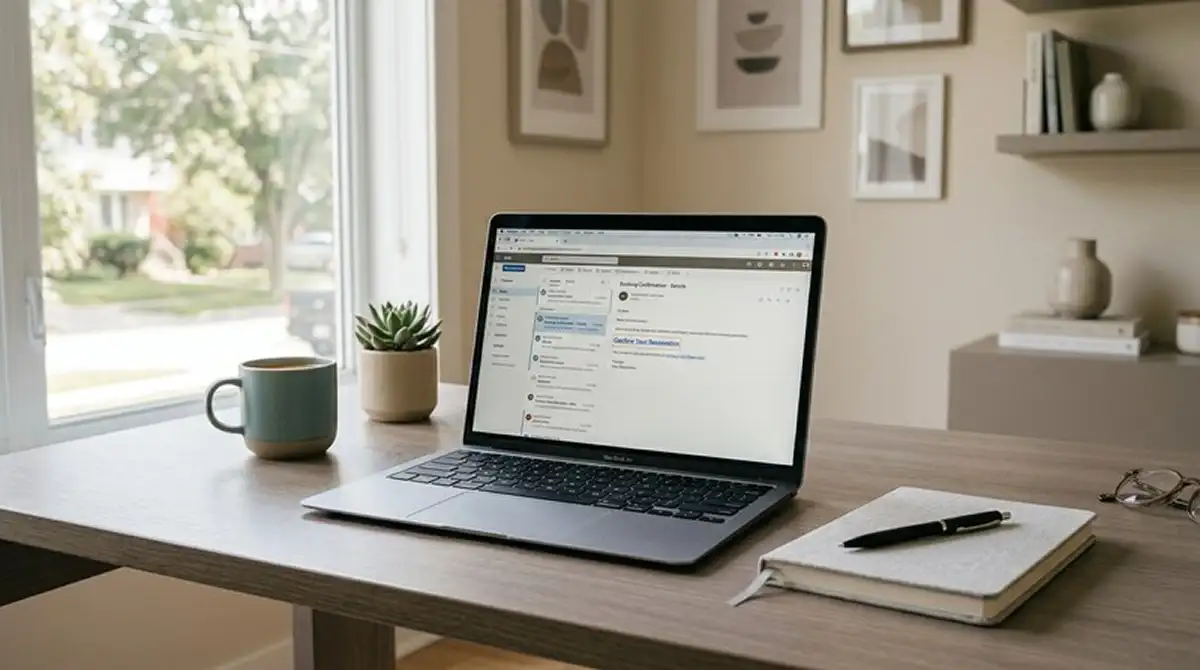 Laptop auf Schreibtisch mit offener Bestätigungsmail neben Notizbuch, Tageslicht