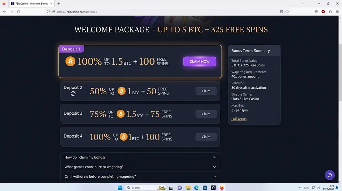 7Bit Casino Willkommensbonus mit gestaffelten Einzahlungsstufen