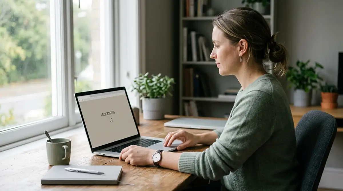 Person prüft die Auszahlungsdauer einer BNB-Transaktion am Laptop