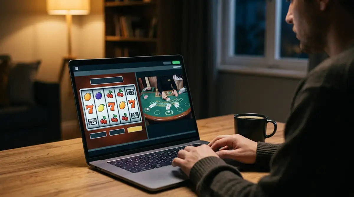 Spieler am Laptop mit geöffnetem Spielautomaten und Live-Casino-Bereich