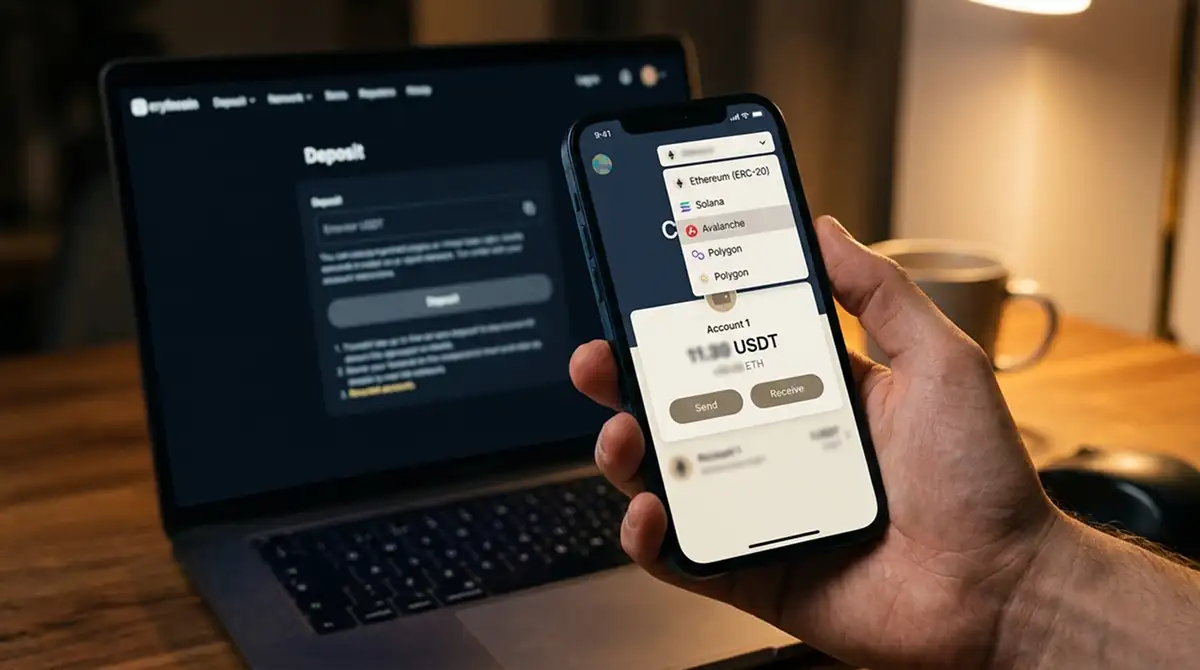 Auswahl des BNB-Smart-Chain-Netzwerks in einer Krypto-Wallet vor einer Casino-Einzahlung