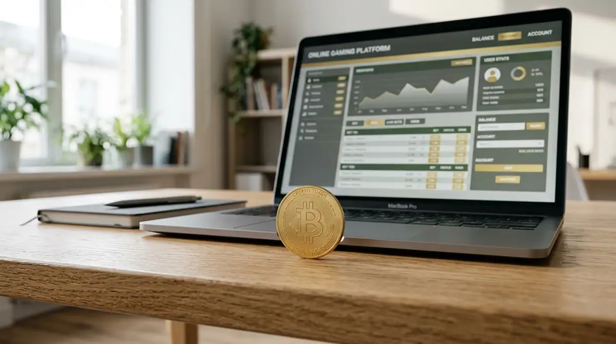 Binance Coin Münze vor einem Laptop mit geöffnetem Online-Casino
