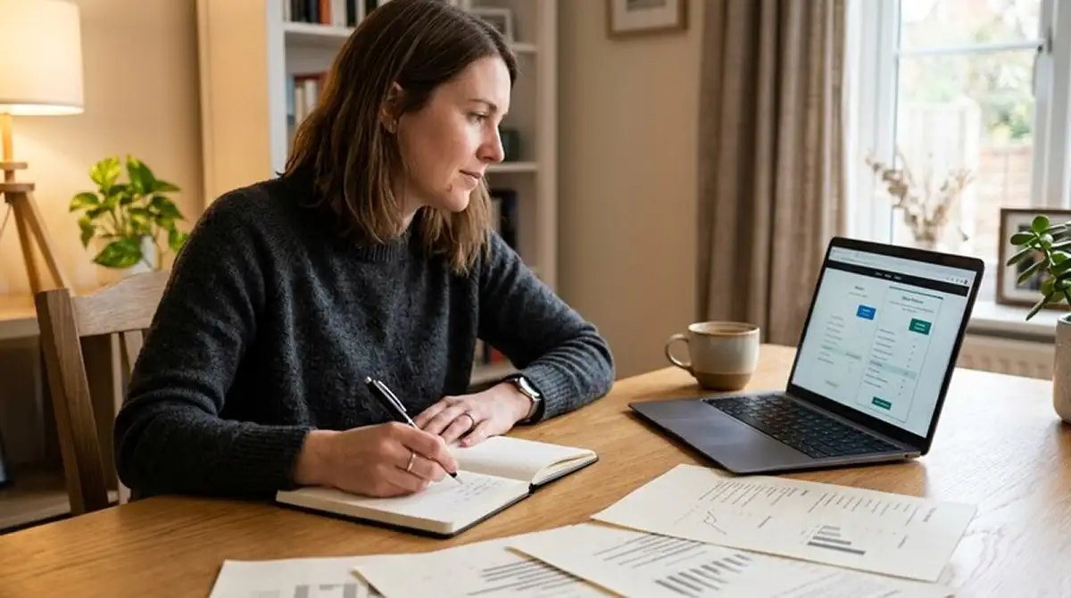 Person vergleicht am Laptop mehrere Anbieter mit Notizblock und Stift