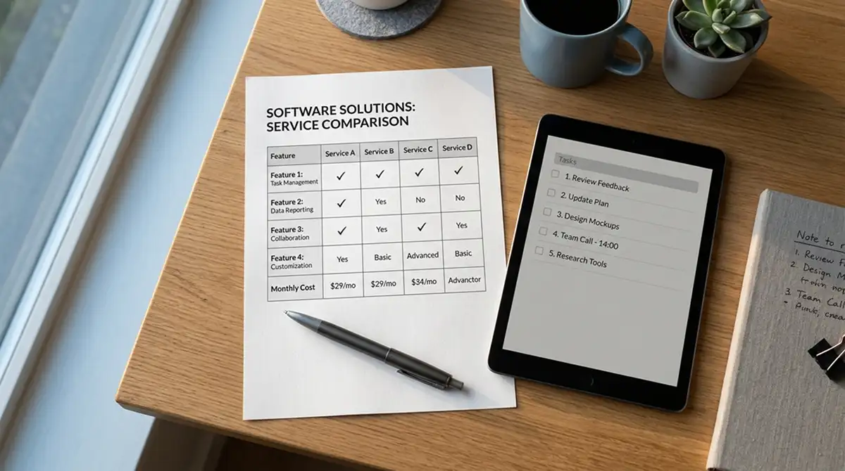Aufsicht auf einen ordentlich sortierten Schreibtisch mit Vergleichstabelle und Tablet
