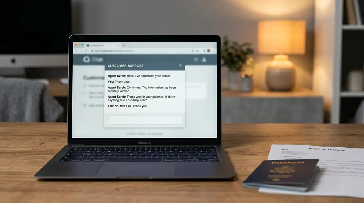 Kundendienst-Chat am Laptop mit Bestätigung des Auszahlungsbetrags und Ausweisprüfung