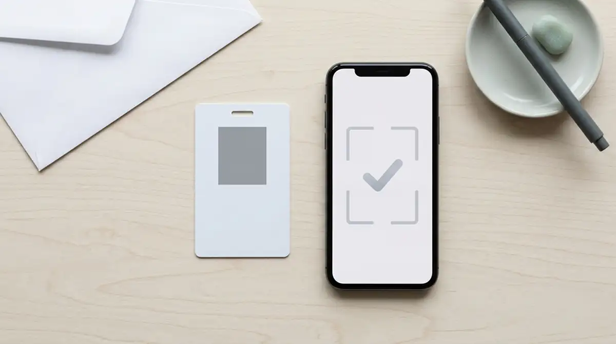 Unbedrucktes Ausweisdokument neben einem Smartphone mit einfacher Prüfanzeige