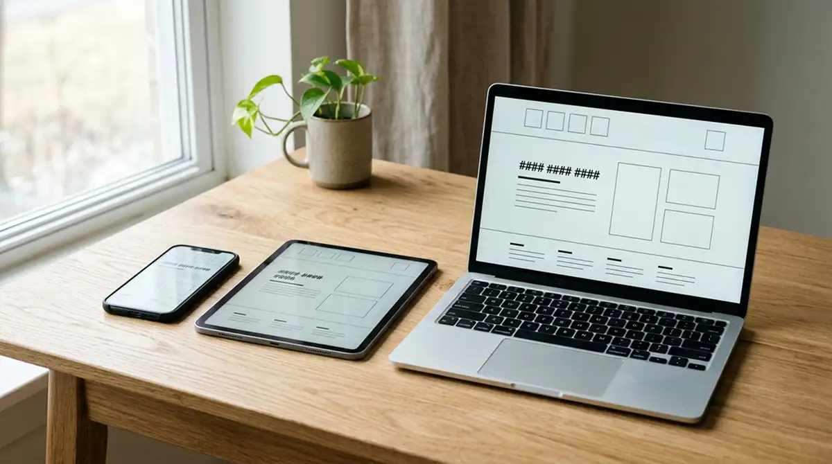 Drei kleine Geräte — Smartphone, Tablet, Laptop — auf einem hellen Schreibtisch, alle zeigen dieselbe Casino-Webseite in neutraler Form, kein Logo, keine erkennbare Marke