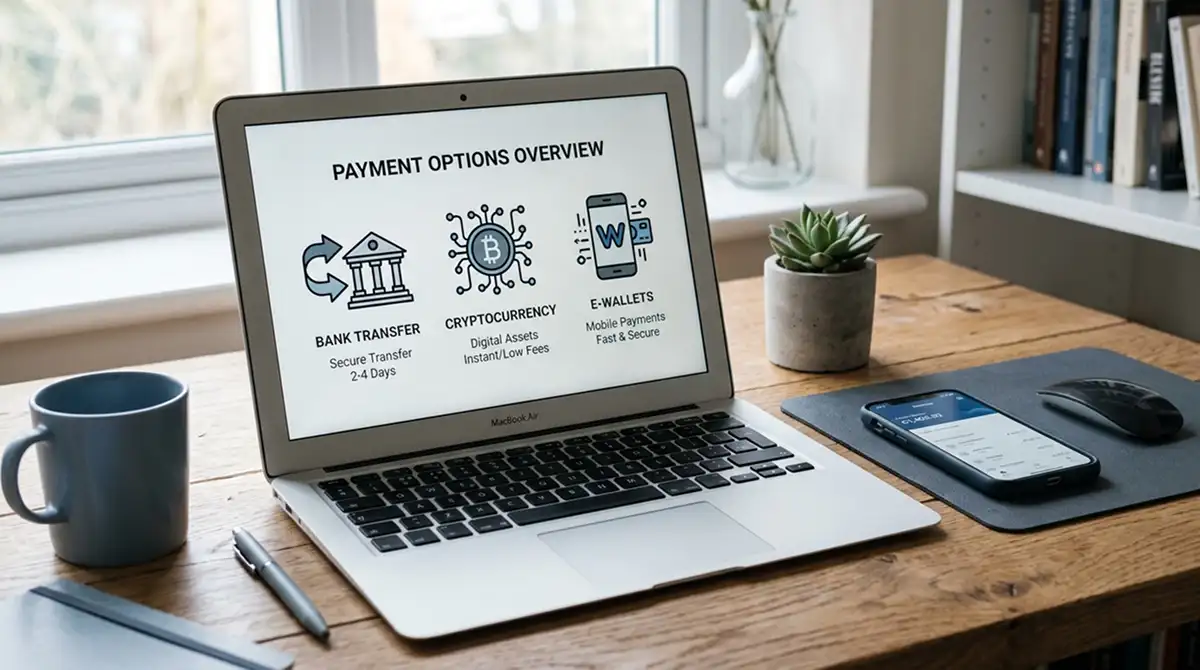 Übersicht verschiedener Zahlungswege Bank, Krypto und E-Wallet auf einem neutralen Bildschirm
