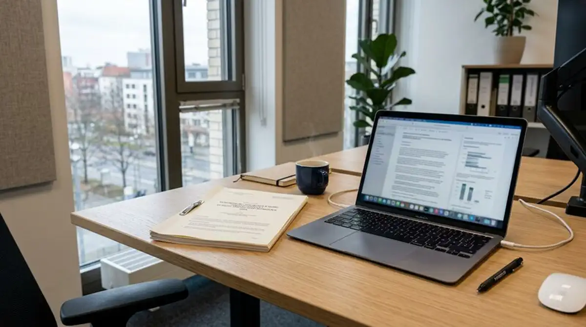Neutrales Dokument und Laptop als Symbol für die Lizenzprüfung