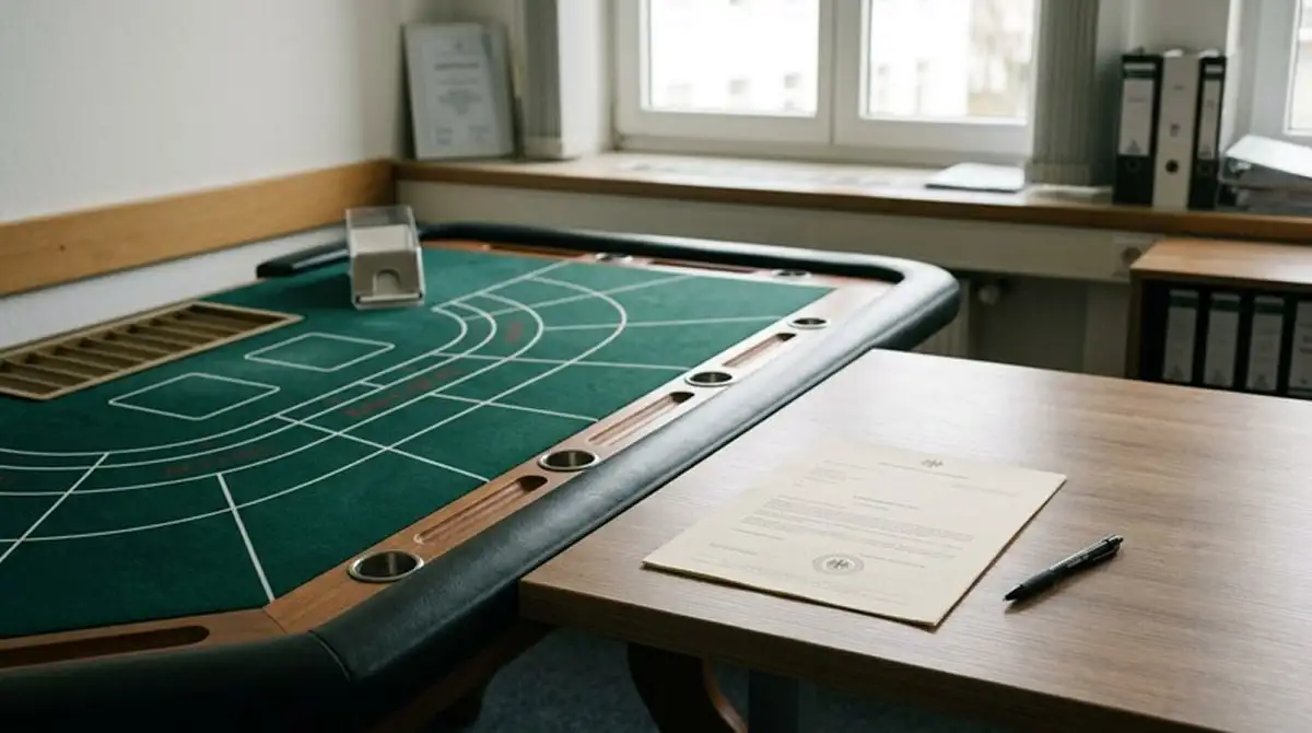 Neutrales Studio mit Baccarat-Tisch und sachlicher Rechtsprüfung