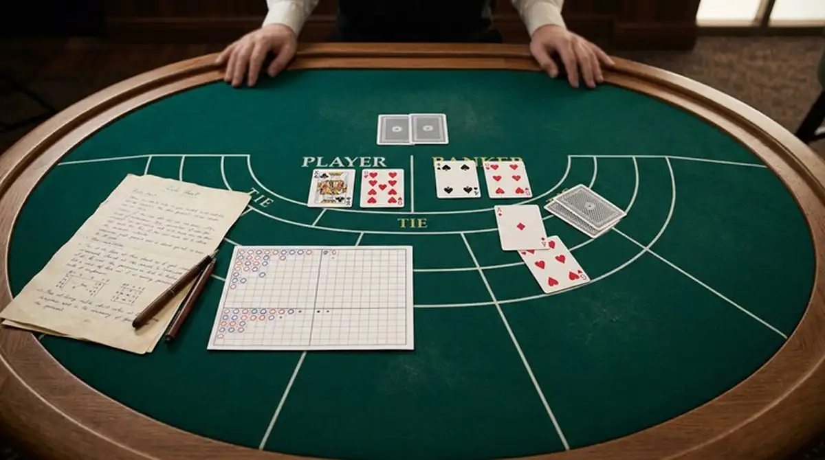 Baccarat-Tischaufsicht mit Kartenwerten und neutralem Regelblatt