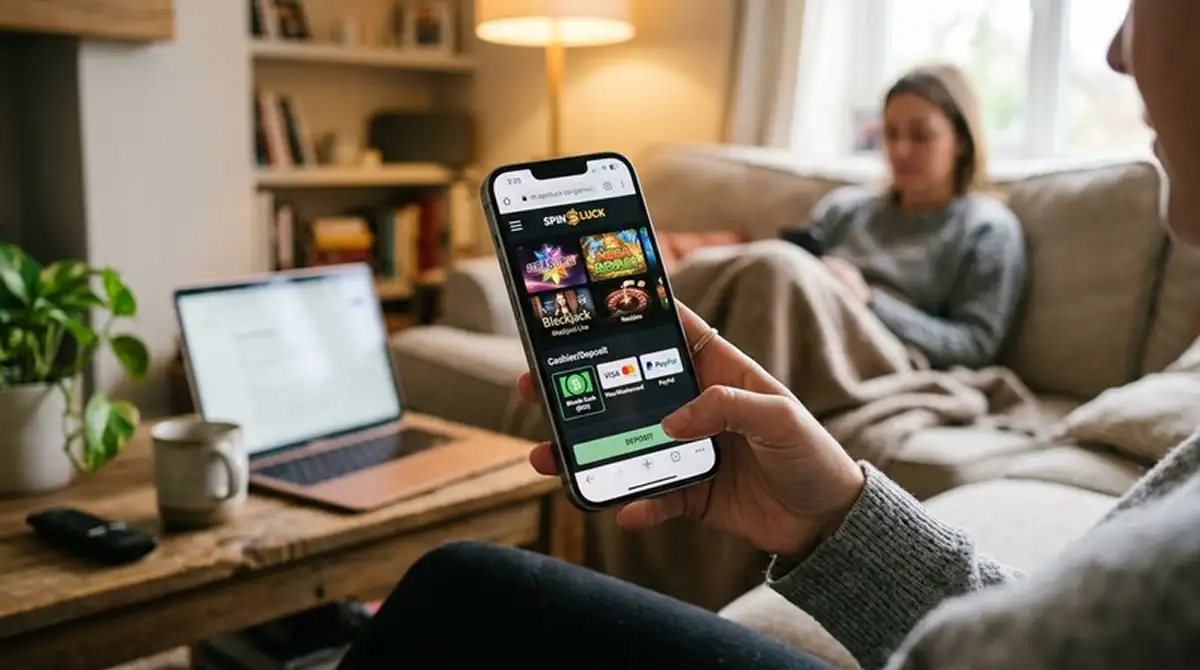 Smartphone zeigt Casino-Webseite im mobilen Browser