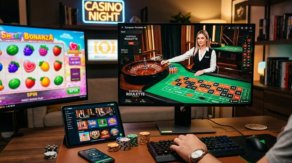 Live-Casino-Tisch mit Roulette-Rad und Spielautomaten im Hintergrund