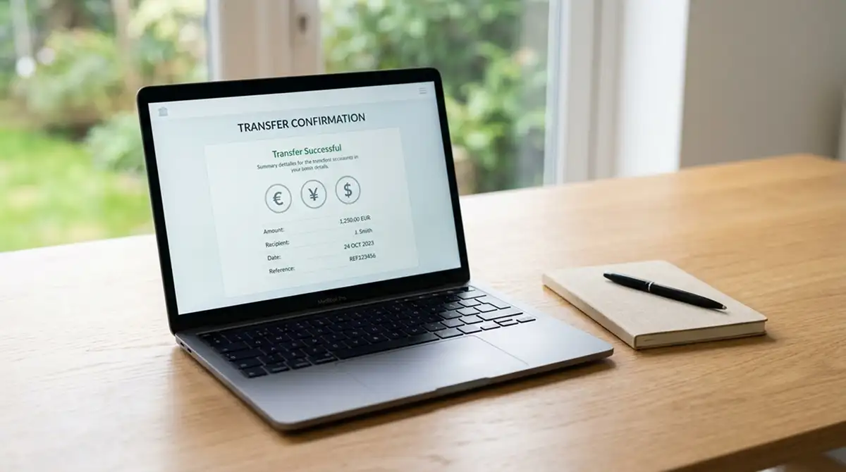 Laptop auf einem Schreibtisch mit einer E-Wallet-App und Casino-Vergleichsseite auf dem Bildschirm