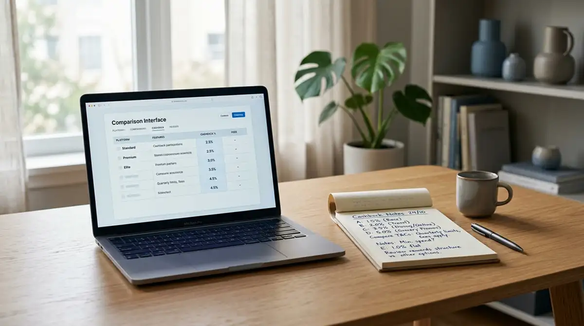 Helle Schreibtischszene mit Laptop und Notizen zum Cashback-Vergleich