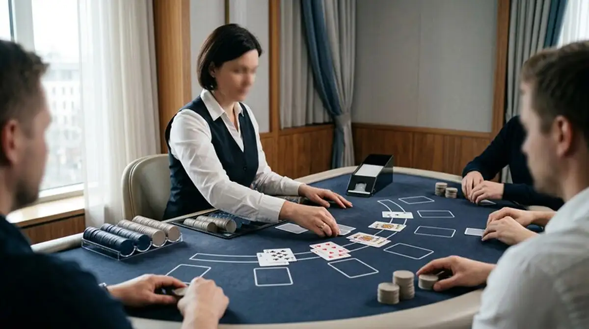 Live-Blackjack-Tisch mit Croupier und Karten im deutschen Studio