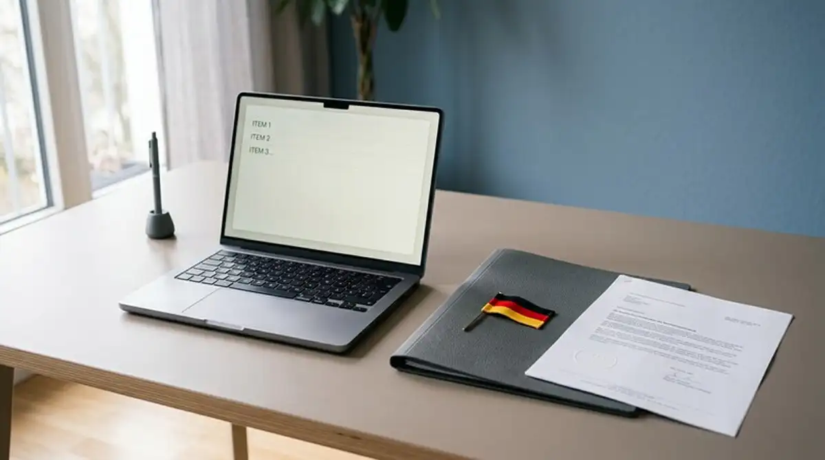 Arbeitsplatz mit Laptop und amtlichem Dokument zur Prüfung erlaubter Online Casinos in Deutschland