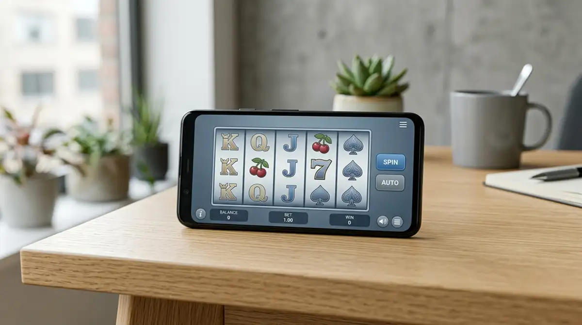 Smartphone mit Casino-Interface auf modernem Schreibtisch, generische Slot-Symbole auf Display