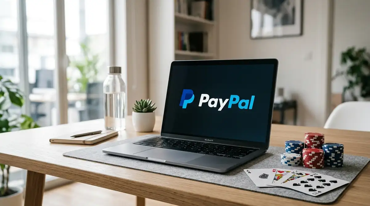 Schreibtisch mit Laptop und PayPal-Logo auf Bildschirm neben Casino-Spielen