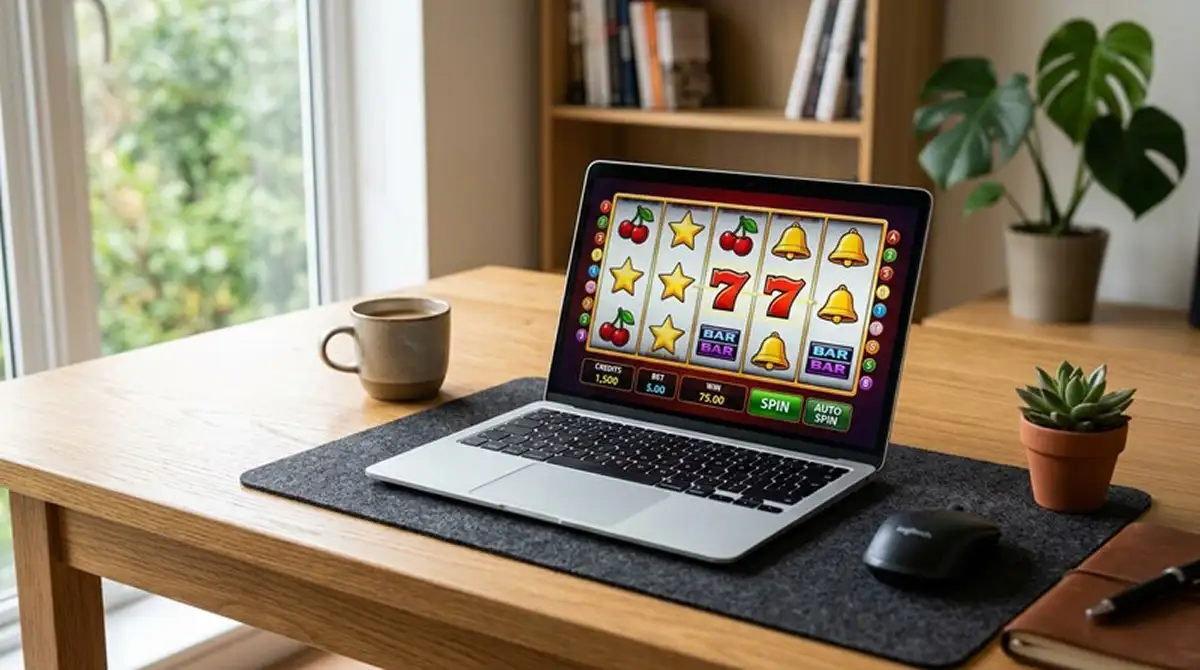 Laptop mit geöffnetem Online-Casino-Spiel ohne Wartezeit zwischen Spins