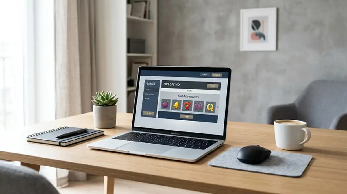 Moderner Schreibtisch mit Laptop und Casino-Interface ohne deutsche Beschränkungen