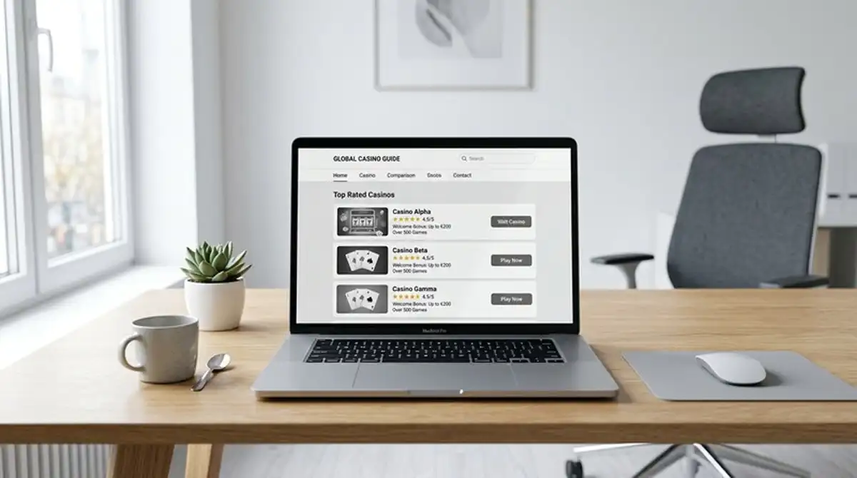 Laptop mit Casino-Vergleichswebsite auf sauberem Schreibtisch