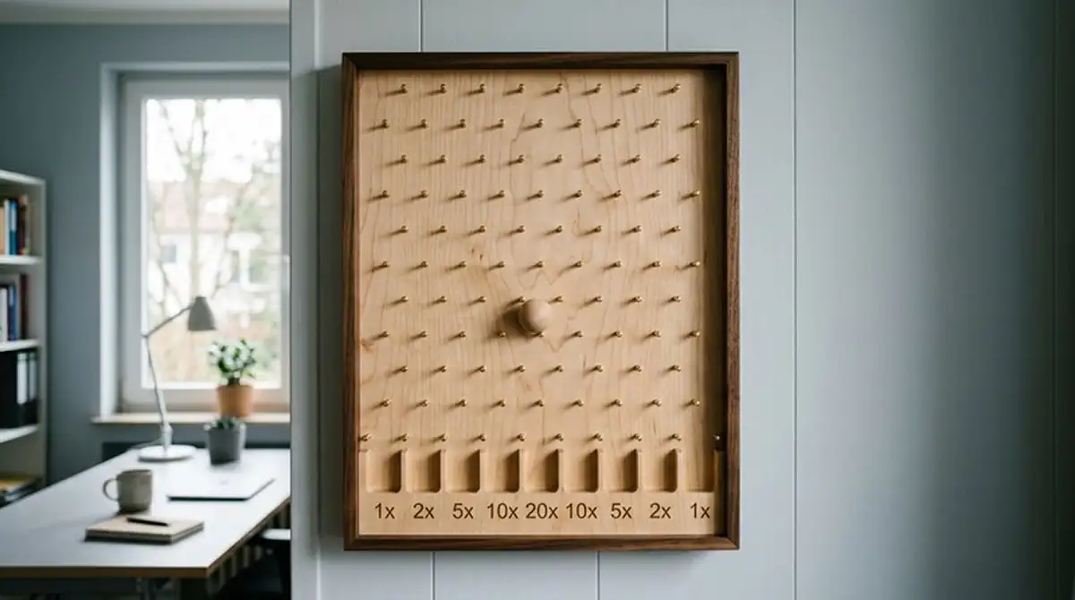 Plinko-Kugel auf neutralem Spielbrett mit geordneten Gewinnfeldern