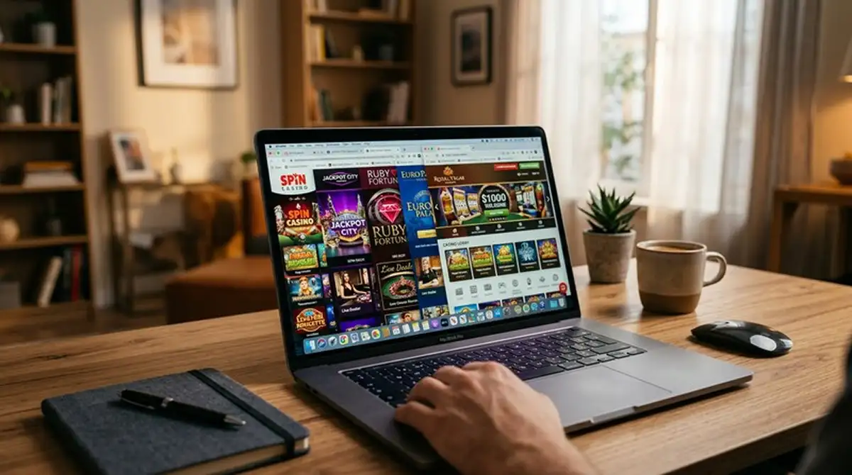 Mehrere geöffnete Browser-Tabs mit Live-Casino-Lobbys verschiedener Anbieter