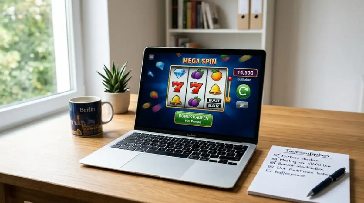 Laptop mit neutraler Slot-Ansicht und Notiz zur Bonuskauf-Prüfung