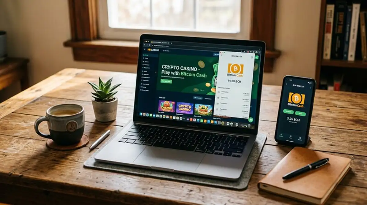Bitcoin-Cash-Casino mit Laptop und digitaler Geldbörse auf einem Schreibtisch