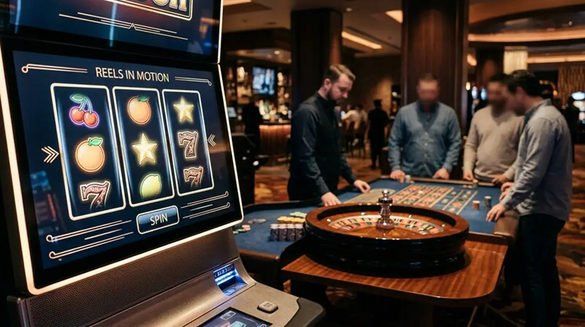 Neutrale Spielautomaten-Walzen und Live-Tisch ohne erkennbare Marken