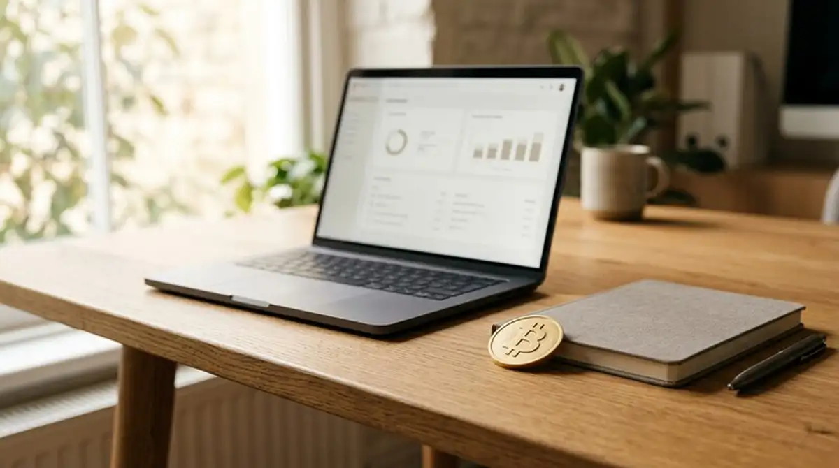 Schreibtisch mit Laptop und symbolischem Bitcoin-Zeichen für den Casino-Vergleich