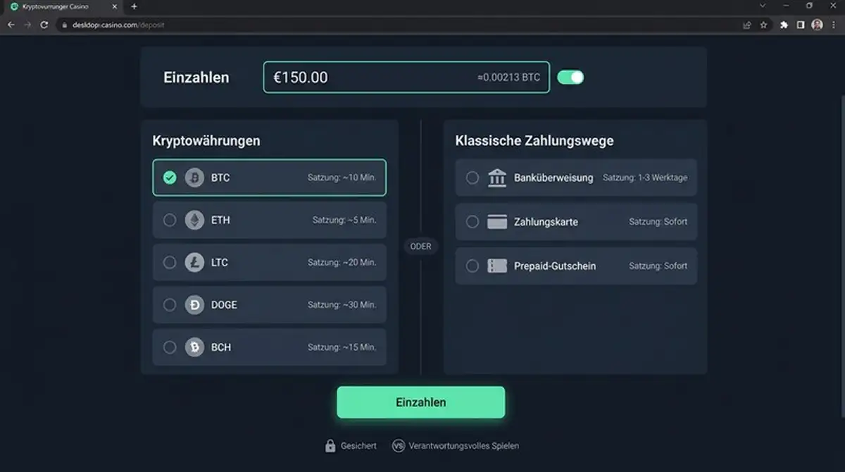 BitStarz Einzahlungsseite mit Fiat- und Krypto-Optionen