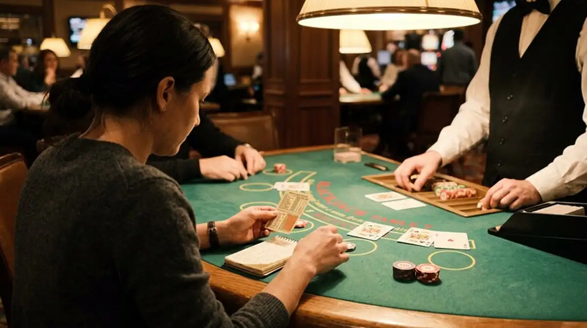 Spielerhand mit Strategiekarte und Notizblock an einem ruhigen Live-Blackjack-Tisch