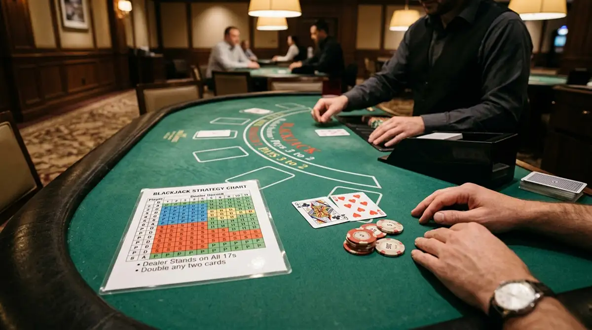 Blackjack-Tisch mit Karten und Strategietabelle in ruhigem Casino-Ambiente