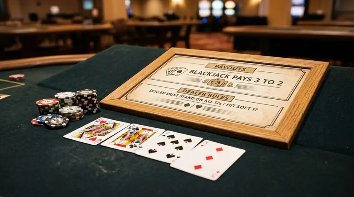 Nahaufnahme eines neutralen Blackjack-Regelmenüs neben einem Live-Tisch