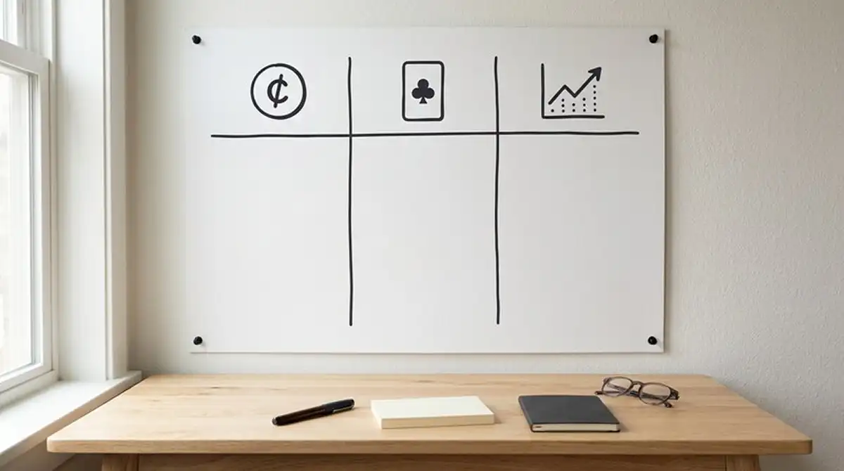 Übersichtstafel am Konferenztisch mit Vergleichs-Spalten zwischen Bonusformaten, keine Logos