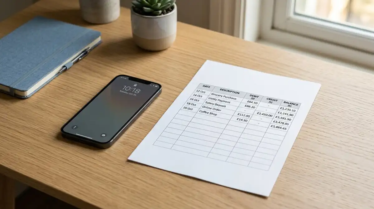 Handy mit Banking-App-Oberfläche und daneben ein Ausdruck mit Buchungsposten, kein Geld sichtbar