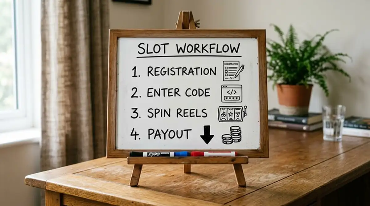 Vier Schritte auf einem Whiteboard: Anmelden, Code, Spielen, Auszahlen — mit kleinen Symbolen daneben
