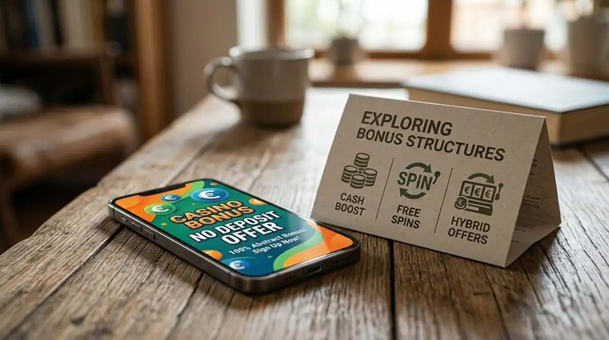 Smartphone-Display mit Casino-Bonus-Banner und Übersicht der drei No-Deposit-Formen