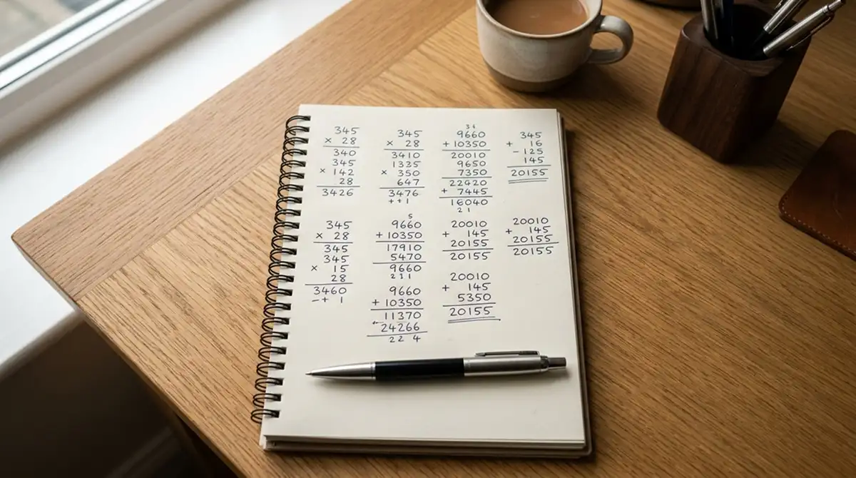 Notizblock mit Stift und Umsatzberechnung auf Papier
