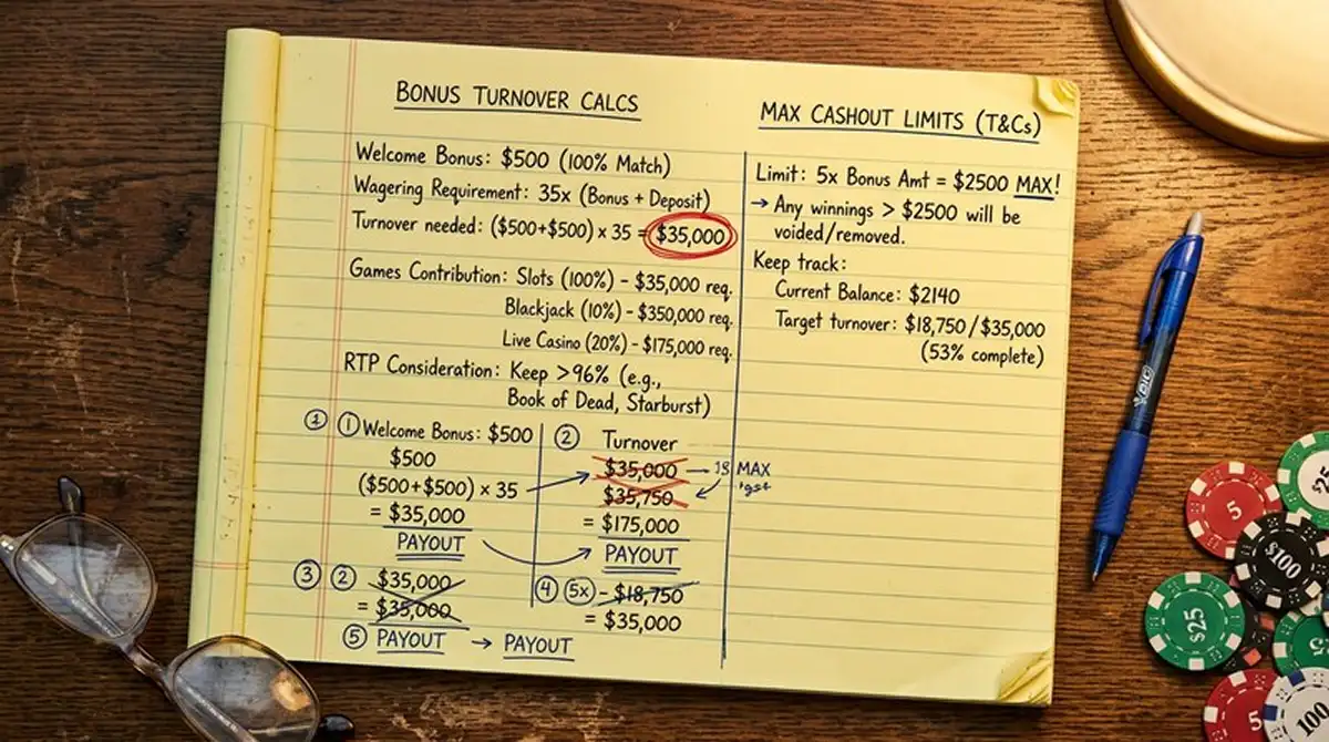 Handschriftliche Notizen auf einem gelben Notizblock zu Bonus-Umsatz und Max-Cashout